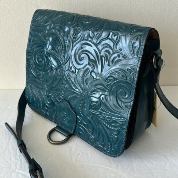 Patricia Nash Ilina Leather Tooled Flap Handbag Blue Coral Crossbody D Ring - Picture 7 of 15